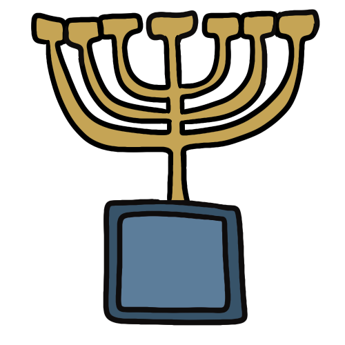  a gold temple menorah above a blue box